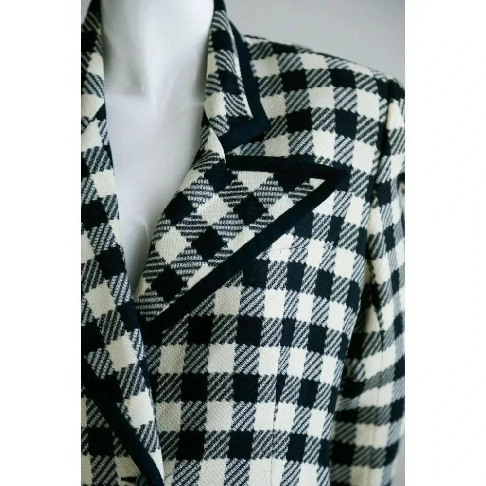 Vintage Wool Black White PlAid Notched Collar Fitted Cropped Chic Blazer M